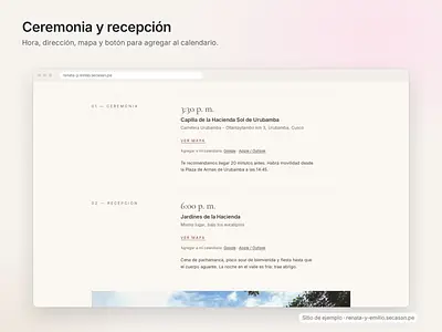 Ceremonia y recepción con mapa y botón para agregar al calendario