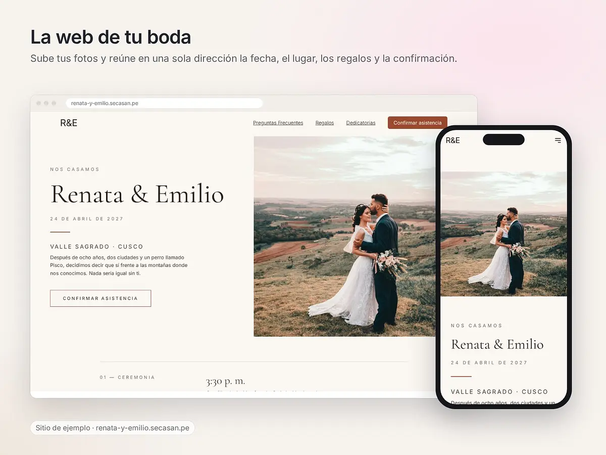 Inicio de la web con tus fotos, la fecha, el lugar y el botón para confirmar