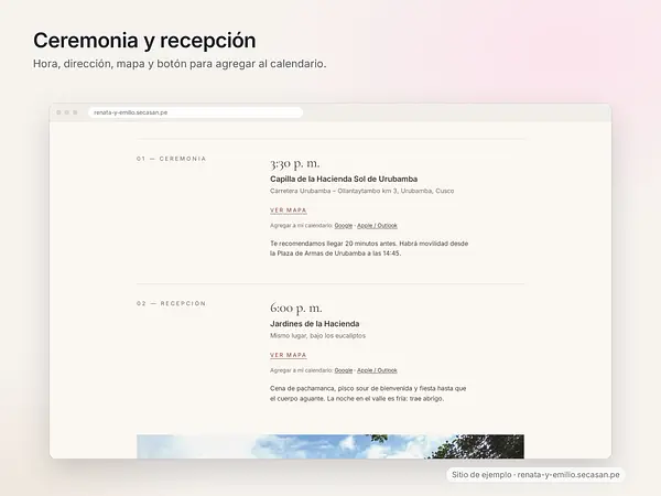 Ceremonia y recepción con mapa y botón para agregar al calendario