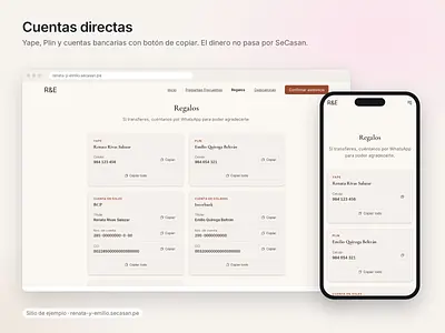 Cuentas directas: Yape, Plin y bancos, con botón de copiar