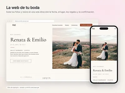 Inicio de la web con tus fotos, la fecha, el lugar y el botón para confirmar